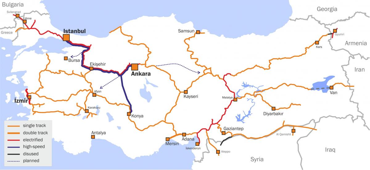 Mapa das linhas de trem da Turquia