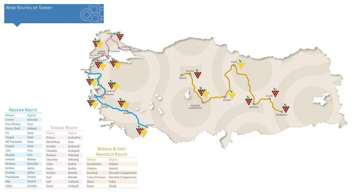 Mapa dos vinhedos da Turquia